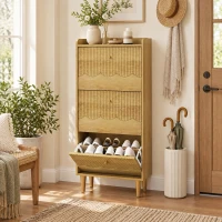 HOMCOM Narrow Shoe Cabinet, Modern Shoe Storage Cabinet with 3 Flip Drawers, Oak(m-9)