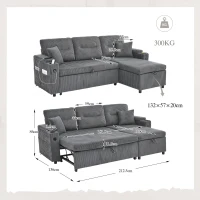 Modernes Cordsofa für drei Personen, mit Stauraum, Getränkehalter und USB-C-Anschluss, 212,5L x 136B x 86H cm, Carbongrau(m-3)