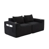Modulares Doppelsitz-Cordsofa mit Becherhaltern und Seitentaschen, Federkern und hochdichtem Schaumstoff, 188L x 90B x 75H cm, Schwarz(m-12)