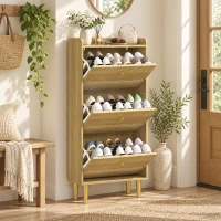 HOMCOM Meuble à chaussures 18 paires, armoire à chaussures étroite, 3 tiroirs rabattables étagères réglables, 60x24x128cm, chêne(m-10)