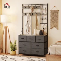 HOMCOM Cuier 4 în 1, Mobilier pentru hol cu 7 sertare pliabile din material textil, 14 cârlige şi panou grilaj, Gri cu efect de lemn(m-7)