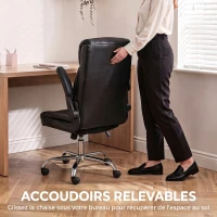 HOMCOM Chaise Bureau Ergonomique avec Accoudoirs Relevables, Fauteuil de Bureau en PU, Hauteur Réglable, Fonction Bascule, Noir(m-6)
