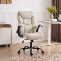 HOMCOM Office Chair, Executive Desk Chair with Flip-up Armrest, Thick Padding, 360 Degree Swivel, Cream White(m-14)