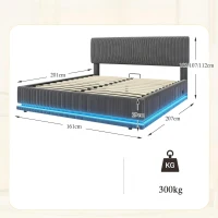 Modernes, gepolstertes Bett misst 160 x 200 cm, ausgestattet mit LED-Lichtern und USB-C-Lade, verstellbarer Kopfteilhöhe, stabilem gestreiftem Bettrahmen, 161L x 207B x 102/107/112H cm, Dunkelgrau(m-3)