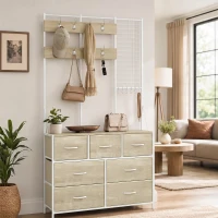 HOMCOM Cuier 4-în-1, Mobilier de Intrare cu 7 Sertare Pliabile din Material Textil, 14 Cârlige și Panou Grilaj, Stejar(m-7)