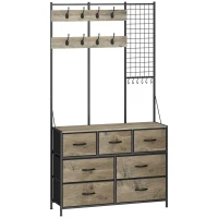 HOMCOM Porte-Manteau 4 en 1, Meuble d'Entrée avec 7 Tiroirs Pliables en Tissu, 14 Crochets et Panneau Grillagé, Gris Effet Bois(m-1)
