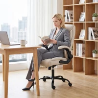 HOMCOM Office Chair, Executive Desk Chair with Flip-up Armrest, Thick Padding, 360 Degree Swivel, Cream White(m-9)