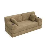 Doppeltes komprimiertes Cordsofa, Metallrahmen, 2 Becherhalter und 4 Seitentaschen, 168L x 80B x 81H cm, Khaki(m-6)