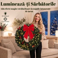 HOMCOM Coroniță de Crăciun de 60 cm cu Lumini LED, Conuri de Brad și Bobițe, Verde(m-5)