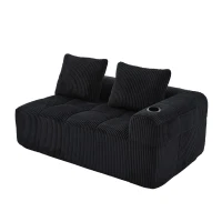 Bequemes Cordsofa mit zwei Sitzern, seitliche Aufbewahrungstasche für Fernbedienung und Handy, eingebauter Getränkehalter, 158X93X61 cm, Schwarz(m-8)