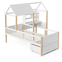 90 x 200 cm Klappbett, L-förmiger Schreibtisch und Bücherregal, Schublade mit Rädern, 205L x 178B x 126 cm, Weiß(m-8)