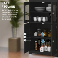 HOMCOM Dulap cămară cu 2 rafturi deschise și 2 dulapuri cu uși, din MDF și sticlă, 60x30x162 cm, negru(m-6)