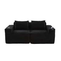 Modulares Doppelsitz-Cordsofa mit Becherhaltern und Seitentaschen, Federkern und hochdichtem Schaumstoff, 188L x 90B x 75H cm, Schwarz(m-1)