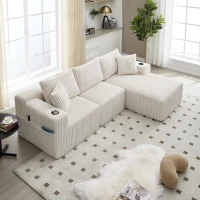 Modulares Sofaset mit Liegestühlen und Doppelbetten, 5 Kissen und 2 Getränkehaltern， 257×160×62 cm, Beige(m-6)