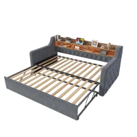 Samtsofa mit Armlehnen 90x190 cm, mit ausziehbarem Bett, Holz-Kopfteil-Stauraum, 201L x 107-197.5B x 80H cm, Dunkelgrau(m-8)