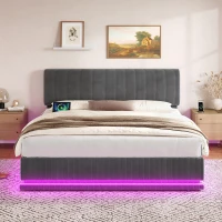 Modernes, gepolstertes Bett misst 180 x 200 cm, ausgestattet mit LED-Lichtern und USB-C-Lade, verstellbarer Kopfteilhöhe, stabilem gestreiftem Bettrahmen, 181L x 207B x 102/107/112H cm, Dunkelgrau(m-4)