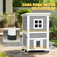 PawHut Caseta para Gatos de Madera Exterior de 2 Niveles con Techo Abatible Plataformas de Salto Puertas 51x51x81,3 cm Gris(m-5)