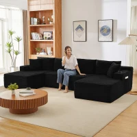 Modulares U-förmiges rahmenloses Cordsofa，mit tiefem Sitzdesign, geeignet für Wohnzimmer, 339L x 168B x 64H cm, Schwarz(m-8)