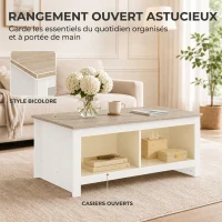 HOMCOM Table Basse Rectangulaire, Table de Salon Moderne avec 4 Compartiments Ouverts, 110 x 55 x 45,5 cm, Chêne et Blanc(m-4)