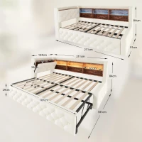 Bettgestell einziehbares Samtsofa 90x190 cm, mit Stauraum, LED-Licht, USB und Typ-C, 211 × ( 91~181) × 84 cm,Beige(m-3)