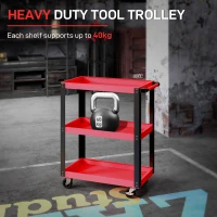 HOMCOM Tool Utility Cart Heavy Duty Tool Trolley Rolling with Brake Swivel Castors 3 Shelves Black Red(m-4)