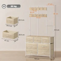 HOMCOM Cuier 4-în-1, Mobilier de Intrare cu 7 Sertare Pliabile din Material Textil, 14 Cârlige și Panou Grilaj, Stejar(m-3)