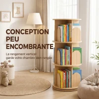 AIYAPLAY Bibliothèque Enfant Rotative 3 Niveaux, Meuble de Rangement Enfant en Bois pour Chambre, Salle de Jeu, Bois Naturel(m-6)