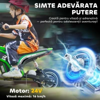 HOMCOM Motocicletă Electrică pentru Copii cu Accelerație Manuală, 2 Viteze, 8-16 km/h, Vârsta 8-12 Ani, Verde(m-5)