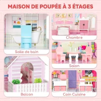 AIYAPLAY Maison de Poupée en Bois pour Enfants, Maison de Rêve Filles, 6 Pièces, Éclairage LED et 8 Meubles, 3-6 ans, Rose(m-4)