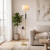 HOMCOM Modern Floor Lamp with Shelf, Dimmable Floor Lamp with Linen Shade, RF Remote and Foot Switch for Living Room, Gold Tone(m-14)