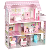 AIYAPLAY Casa de Bonecas em Madeira de 3 Andares com Luzes LED, Varanda e 8 Móveis, Rosa, 3-6 Anos(m-11)