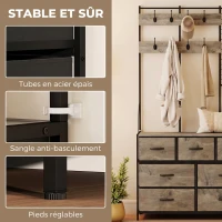 HOMCOM Porte-Manteau 4 en 1, Meuble d'Entrée avec 7 Tiroirs Pliables en Tissu, 14 Crochets et Panneau Grillagé, Gris Effet Bois(m-7)
