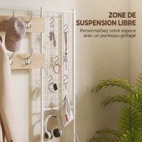 HOMCOM Porte-Manteau 4 en 1, Meuble d'Entrée avec 7 Tiroirs Pliables en Tissu, 14 Crochets et Panneau Grillagé, Chêne(m-5)