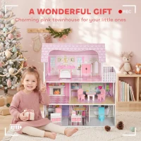 AIYAPLAY Maison de Poupée en Bois pour Enfants, Maison de Rêve Filles, 6 Pièces, Éclairage LED et 8 Meubles, 3-6 ans, Rose(m-9)
