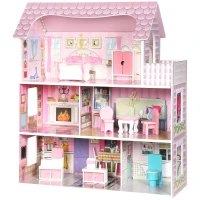 AIYAPLAY Casa de Bonecas em Madeira de 3 Andares com Luzes LED, Varanda e 8 Móveis, Rosa, 3-6 Anos(m-1)