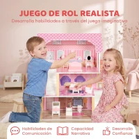 AIYAPLAY Casa de Muñecas de Madera 3 Pisos con Balcón Escaleras y 10 Muebles Juguete de Imitación para Niños de 3 a 6 Años Rosa(m-6)