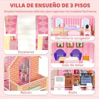 AIYAPLAY Casa de Muñecas de Madera 3 Pisos con Balcón Escaleras y 10 Muebles Juguete de Imitación para Niños de 3 a 6 Años Rosa(m-4)