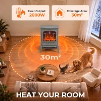 HOMCOM Electric Fireplace Stove, 1000W/2000W, Electric Fire Heater with LED Flame Effect, Adjustable Thermostat, Grey(m-6)