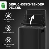 HOMCOM Mülleimer mit 2x25L Fächern, Soft-Close-Deckel, Fingerabdrucksicher, Edelstahl, Schwarz(m-6)