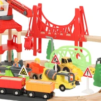 AIYAPLAY 91-delige houten treinset met kraan, treinen, bouwvoertuigen, rails en brug voor kinderen vanaf 3 jaar(m-10)