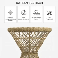 Outsunny Couchtafel Bijzettafel Boho-Design, Glazen Blad, PE-Rattan, 45 cm x 45 cm x 52 cm, Natuurlijk(m-4)