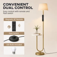HOMCOM Modern Floor Lamp with Shelf, Dimmable Floor Lamp with Linen Shade, RF Remote and Foot Switch for Living Room, Gold Tone(m-5)