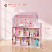 AIYAPLAY Casa de Bonecas em Madeira de 3 Andares com Luzes LED, Varanda e 8 Móveis, Rosa, 3-6 Anos(m-3)