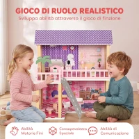 AIYAPLAY Casa delle Bambole in Legno per Bambini, 2 Piani, 11 Mobili e 2 Bambole, Regalo per Ragazze 3-6 Anni, Rosa(m-6)