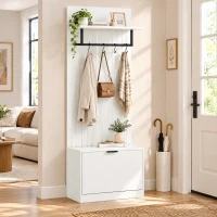 HOMCOM Cuier 5 în 1, Mobilier de Intrare, Banc pentru Pantofi, Sertar Rabatabil, Rafturi Reglabile, 4 Cârlige, Alb(m-4)