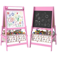 AIYAPLAY Cavalete Infantil 3 em 1 Dupla Face, Quadro Negro e Quadro Branco, Rolo de Papel, Cestos, Prateleira, 3-8 Anos, Rosa(m-1)