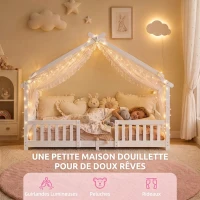 AIYAPLAY Lit Cabane Enfant 90x200 cm, Lit Enfant en Forme de Maison avec Barrières de Sécurité et Sommier à Lattes Solides, Blanc(m-4)