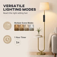 HOMCOM Modern Floor Lamp with Shelf, Dimmable Floor Lamp with Linen Shade, RF Remote and Foot Switch for Living Room, Gold Tone(m-7)