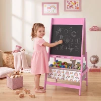 AIYAPLAY Cavalete Infantil 3 em 1 Dupla Face, Quadro Negro e Quadro Branco, Rolo de Papel, Cestos, Prateleira, 3-8 Anos, Rosa(m-2)