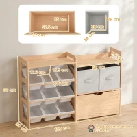 AIYAPLAY Meuble Rangement Enfant, Rangement Jouet Enfant, 9 Bacs, 2 Tiroirs Tissu, Tiroir en Bois sur Roulettes, Naturel et Blanc(m-3)